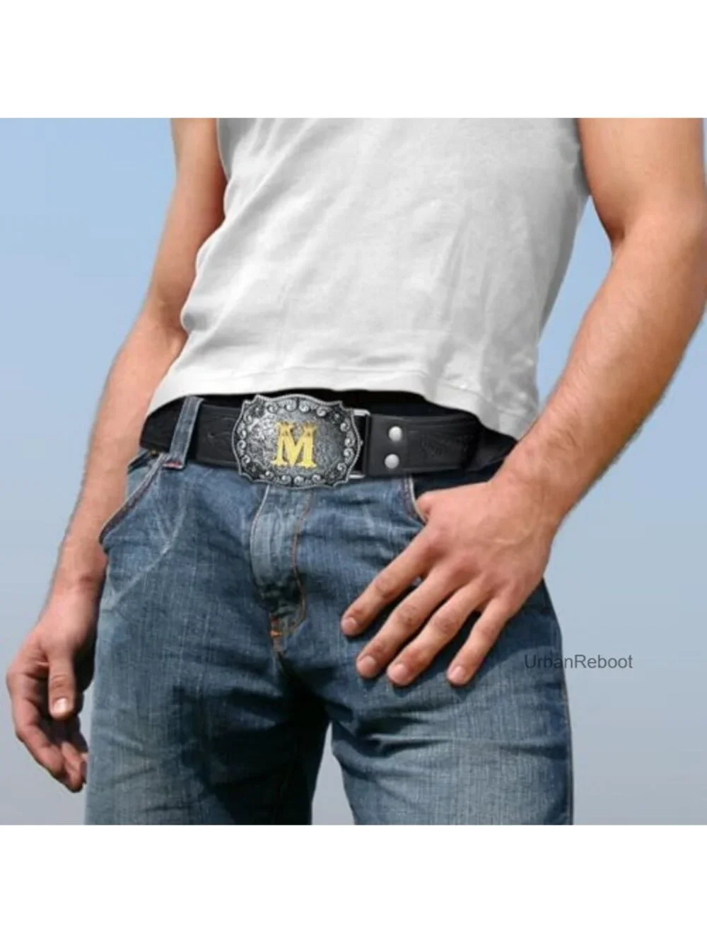 Men's Faux Leather Cowboy Belt with Gold Big Buckle - Western Style